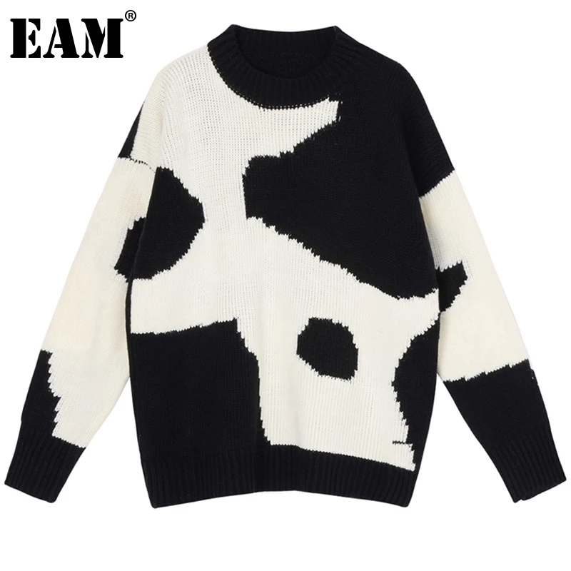 [EAM] Black Pattern Big Size Knitting Sweater