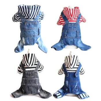

Four Legs Jeans Dog Jumpsuit Denim Clothes for Poodle Shih Tzu Cool Spring Dog Onesie Stripe Overalls Leisure Clothing for Dogs