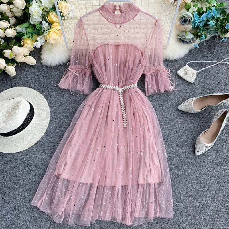 

Summer Women Korean Lace Chiffon Dress Ladies O-Neck Sequined Short Sleeve Dress Casual Empire A-Line Solid Sweet Vestidos