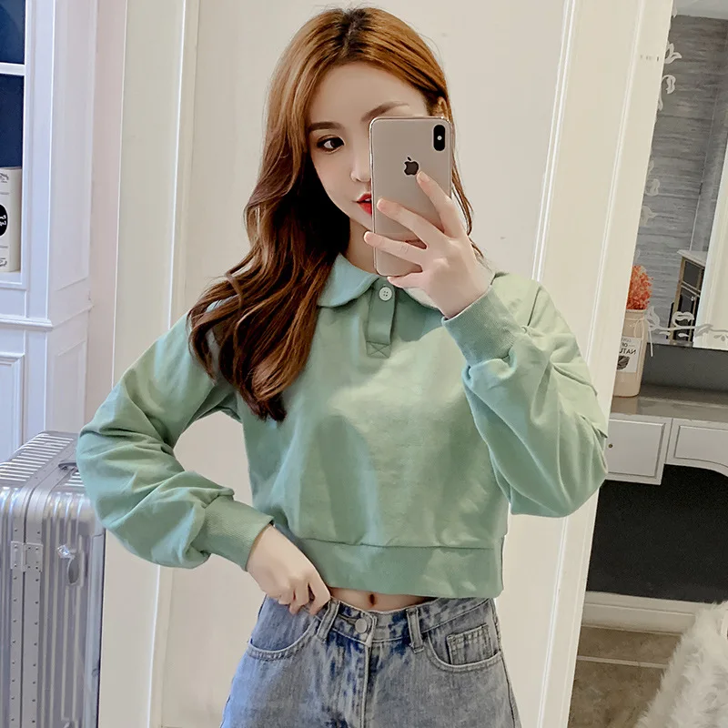 Kpop Milinsus Kawaii женские толстовки с капюшоном, женские одноцветные толстовки с длинным рукавом, короткие толстовки Harajuku, повседневные топы - Цвет: Green