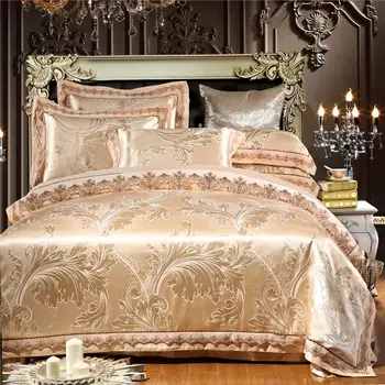 

White SilverSatin Luxury Bedding sets Queen/King size lace cotton Jacquard Bed set sheets Bed linen Duvet cover parrure de lit