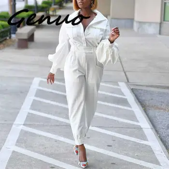 

Genuo New 2019 Women Solid Shirt Jumpsuit Sexy Turn Down Collar Plunging Deep V Neck Long Sleeve Wide Leg Jumpsuits Overalls