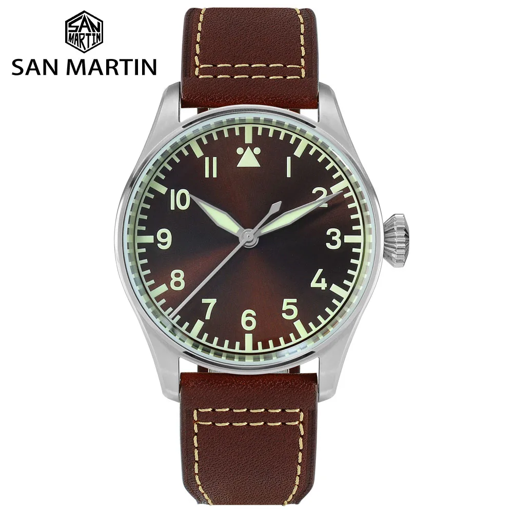 

San Martin Pilot Men Mechanical Watch Sapphire See-through Case Back Super Luminous Leather Strap Water Resistant 200M