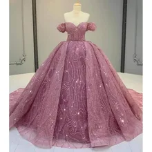 

New Luxury Quinceanera Dresses Sequined Beads Short Sleeve Sweetheart Tulle Sweep Train Formal Ball Gowns Robe De Bal