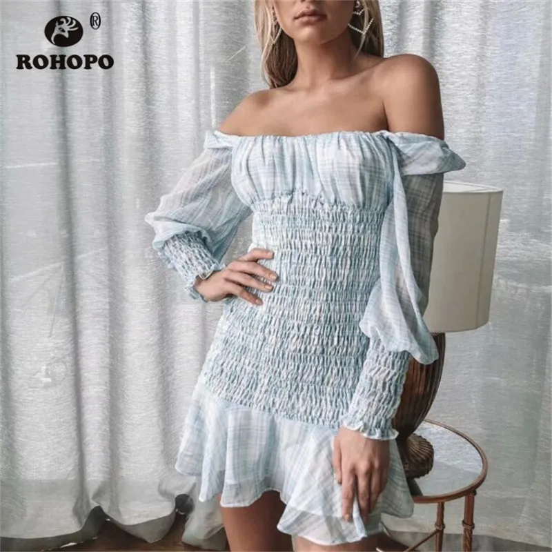 ROHOPO, небесно-голубое шифоновое Двухслойное осеннее платье, топ, смокинг, рукав-фонарик, оборки, подол, шикарное милое женское платье#7034
