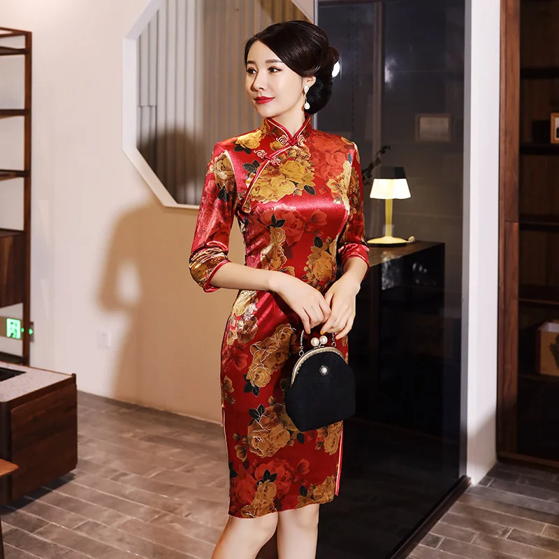 Новая Высокая мода красный Cheongsam с цветочным принтом Китайский классический