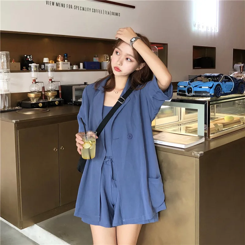 

3 piece set womens 2019 summer and autumn solid color coat+strap+high waist short 3 pcs set womens clothing set (sm8274)