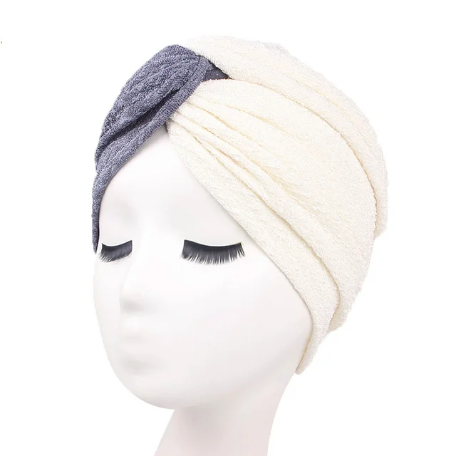 New Muslim Women Pearl Beading Elastic Turban Hat Cancer Cap Head Wrap cotton twist Chemo Cap Beanie Hijab Caps Headwear Grey white
