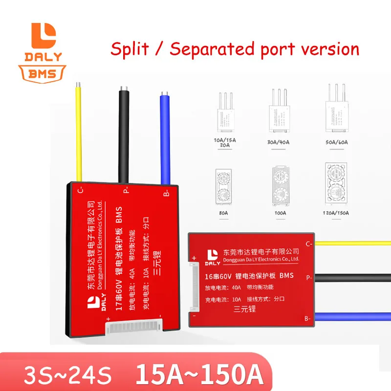 DALY Split Separated Port Lithium Battery Protection Board 3S 4S 8S 12V 24V 48V 13S 14S 16S 20S 24S 60V 72V Li-ion Lifepo4 BMS |