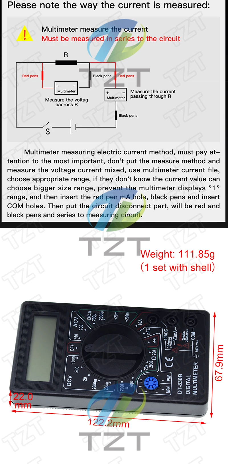 DT830B LCD Digital-Testmodul 750/1000V Strom- und Spannungserkennungsmodul Ohm-Tester Hochsicheres Handmessgerät – Detail 7