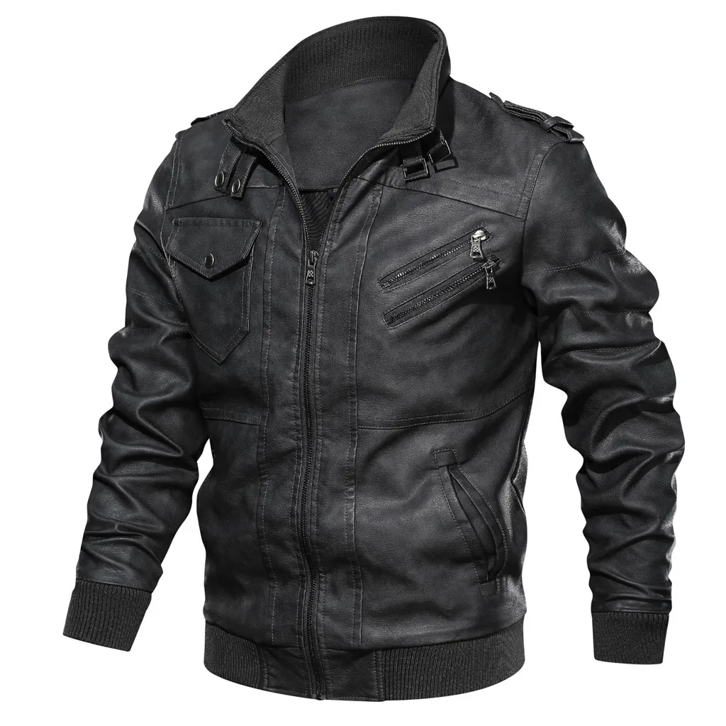 

Men's Autumn Winter Vintage Zipper Stand Collar Solid Imitation Leather Coat Casual gothic Black Goth Men Jacket 8.1