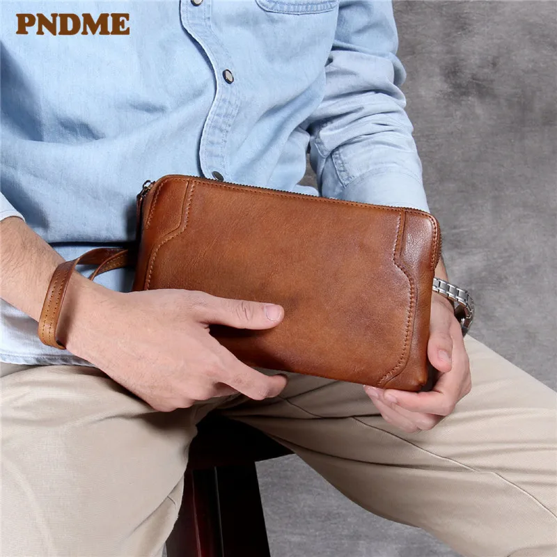 

PNDME casual simple luxury genuine leather men's clutch bag retro high quality soft cowhide wallet zipper daily phone bag purse