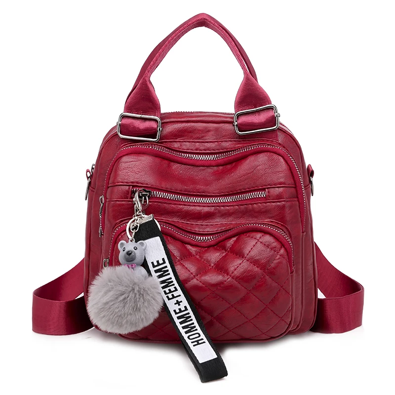 Брендовый многофункциональный кожаный рюкзак с модной подвеской в виде шарика для волос женский рюкзак с ромбическим узором черный - Цвет: red