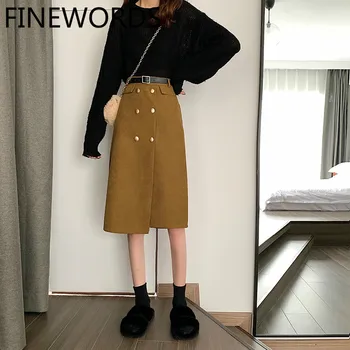 

FINEWORDS 2020 New Spring saia longa Vintage Double Button Skirts Women Harajuku Kawaii A Line Skirt High Waist Long Midi Skirt
