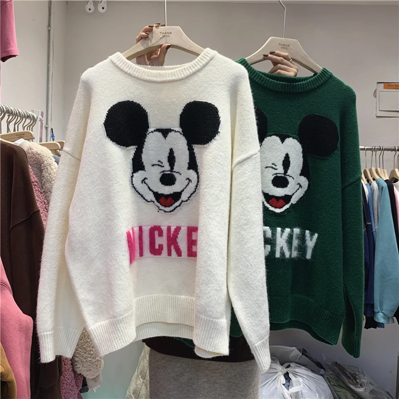 Disney Mickey Mouse Sweaters Kawaii Women Tops O-neck Korean Style Knitted Sweaters Female Clothes Autumn Spring Fashion Sweater
