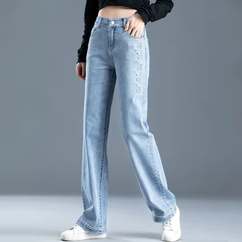 

Women's jeans spring autumn embroidery Slim High waist Straight Pants Full Length jeans N0198