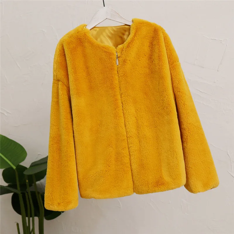 Yellow Модная осенне-зимняя женская куртка яркого цвета с длинным рукавом на каждый день, имитация кроличьего меха, теплая плюшевая короткая шуба, Прямая поставка N10 - Цвет: Yellow