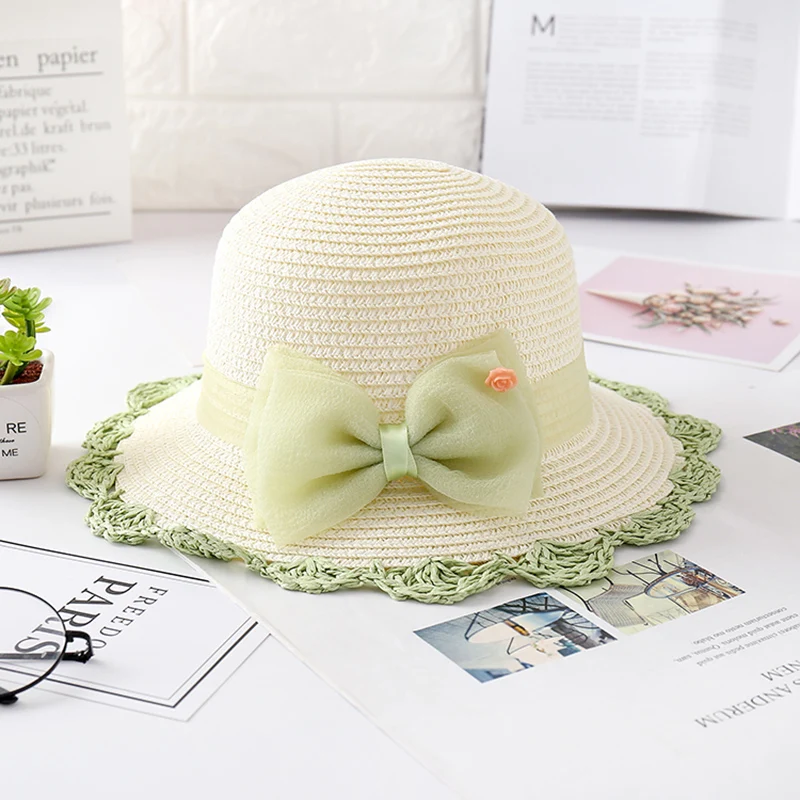 white green Недавно Для детей, на лето Милая тканевая, соломенная шляпа Шнуровка с бантиком-узел защита от солнечных лучей на пляже Зонт Шапки для конкурсов красоты для маленьких девочек ИК-лепно - Цвет: white green