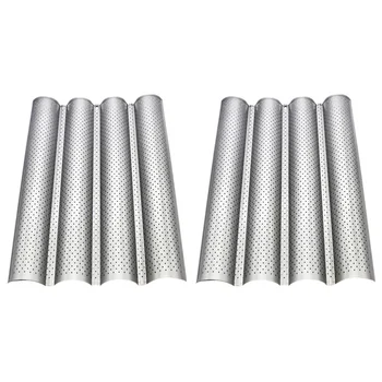 

2PCS 4 Slots Bread Stick Wave Stick Baking Tray Baguette Baking Mould for Home Cake Shop (Silver)