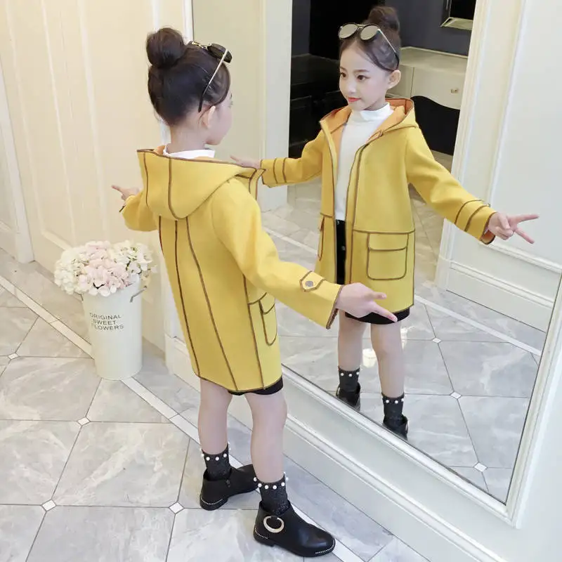 

2019 Autumn New Children Girls Wool Coats Clothing Kids Girls Wool Blends Overcoat Teenage Hooded Pockets Jacket Outerwear W266