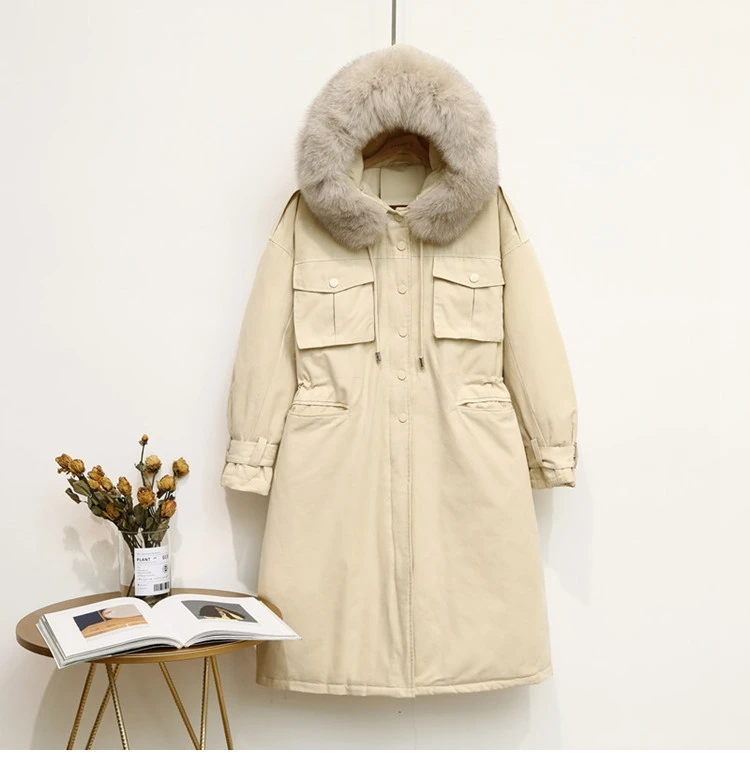 CRRIFLZ 90% White Duck Down Jacket Long Fox Fur Collar Hooded Coats Winter Jacket Women Real Fur Warm Button Pocket Down Parka