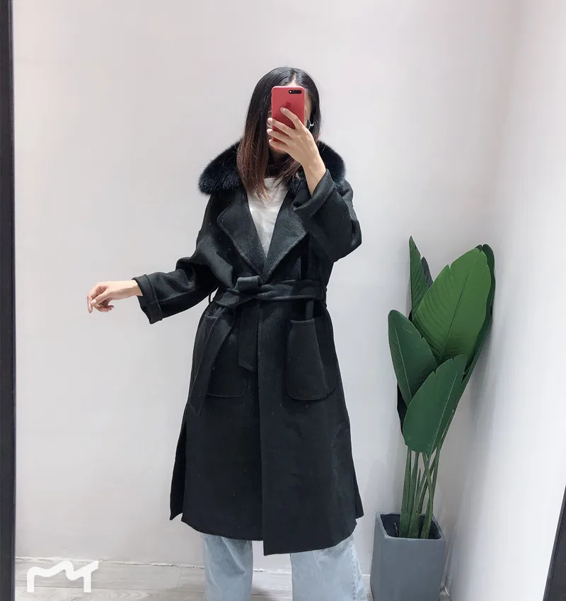 Женское кашемировое пальто с двойной стороной Woo Lnatural Fox пальто с меховым воротником модное зимнее длинное шерстяное пальто Верхняя одежда Пояс украшение