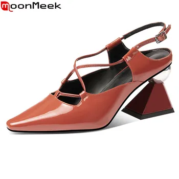 

MoonMeek 2020 summer women pumps thick high heels pointed toe party shoes genuine leather solid color shoes woman black beige