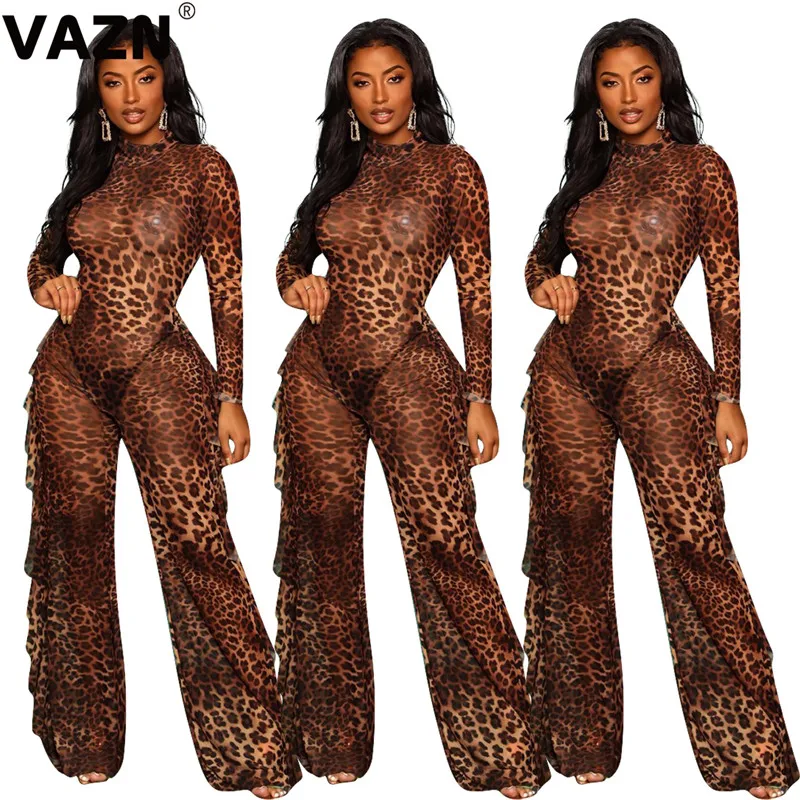 Leopard VAZN NK052 для зрелых лет прозрачные специальные Сексуальные вечерние леопардовые принты с длинным рукавом эластичные женские длинные широкие ноги Комбинезоны - Цвет: Leopard