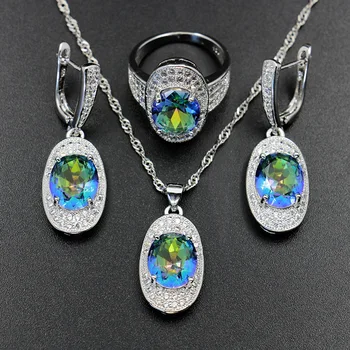 

GZJY Women Rainbow Crystal Jewelry Sets 925 Silver CZ Earrings Necklace Pendant Vintage Ring For Wedding Bridal Dance Party