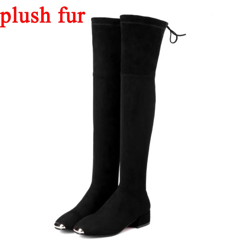 Black fur Haoshen/женские ботфорты выше колена эластичные сапоги из овечьей замши высокие сапоги на тонком низком каблуке зимняя обувь на меху размер 40 - Цвет: Black fur