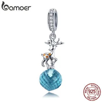 

BAMOER Real 925 Sterling Silver Christmas Deer Lovely Elk Pendant Blue Crystal Charms Fit Bracelets & Necklaces Jewelry SCC1010