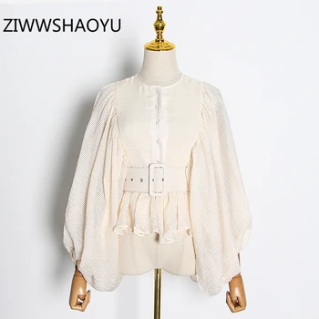 

ZIWWSHAOYU Women Summer Solid Striped Cotton Linen Shirt Ladies Lantern Sleeve Belt Ruffle Hem Streetwear Fashion Blouse Tops