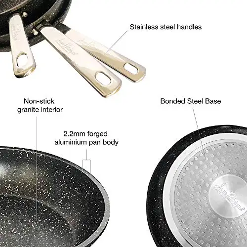 Set of 3 Stonetastic Granite Non-Stick Frying Pan Set Frying pans constructed from forged aluminium with a non-stick granite coating Compatible with all types of hob & oven safe From Jean Patrique 