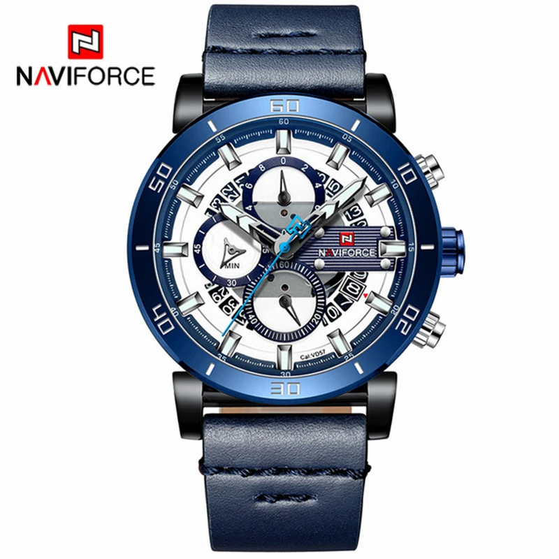 Black Blue NAVIFORCE, модные роскошные часы, мужские брендовые водонепроницаемые наручные часы, кварцевые часы, мужские кожаные спортивные часы, мужские часы - Цвет: Black Blue