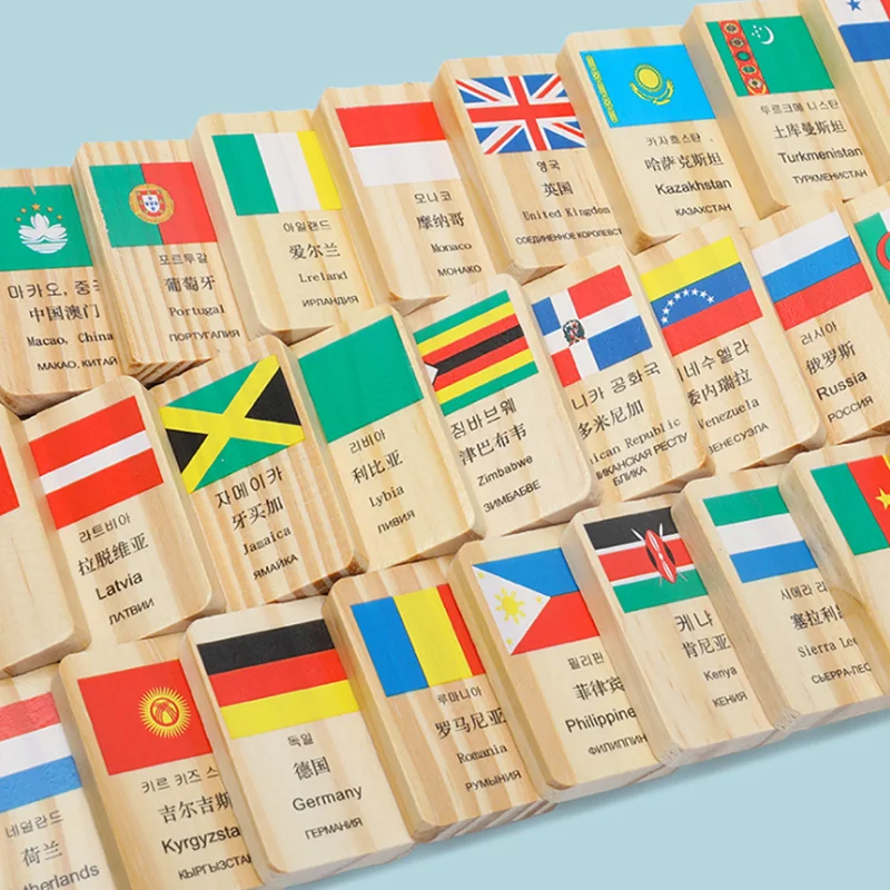 100pcs Multilingual Country National Flag Domino Wooden Toys Understanding the World Block Early Education Cognitive Game | Игрушки и