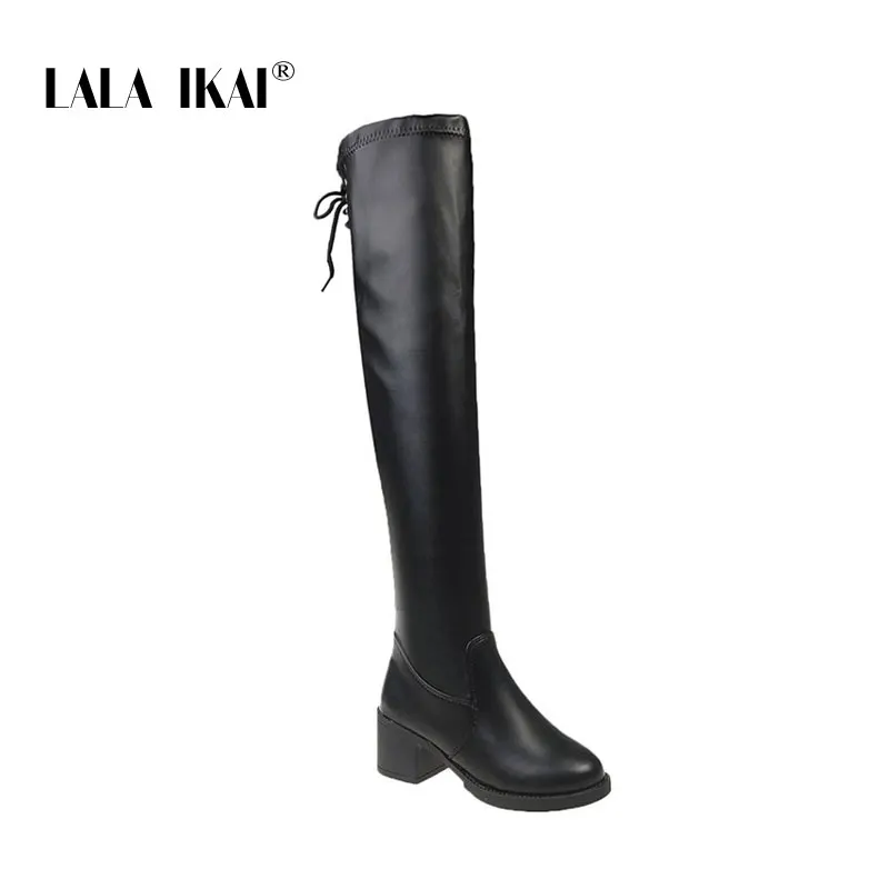 black LALA IKAI/женские сапоги; коллекция года; осенние сапоги выше колена из искусственной кожи; Зимняя Теплая Флисовая обувь черного цвета; женские сапоги на высоком каблуке; WC5922-4 - Цвет: black