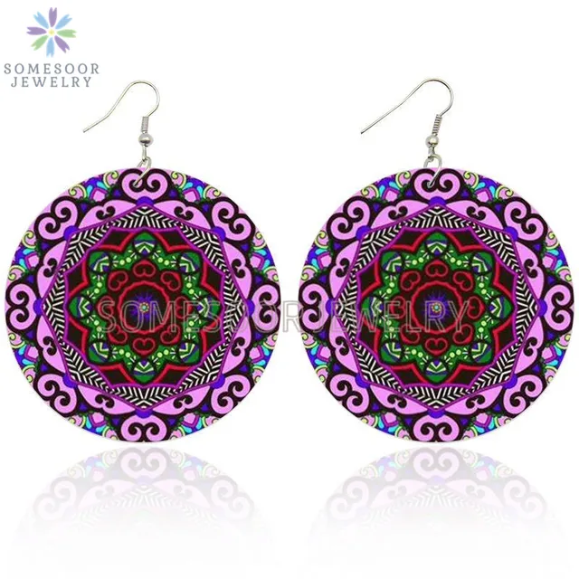 SOMESOOR Vintage Bohemian Flower Wooden Drop Earrings African Ethnic Beautiful Loops Pendant Dangle Jewelry For Women Gifts Both Sides Print 3