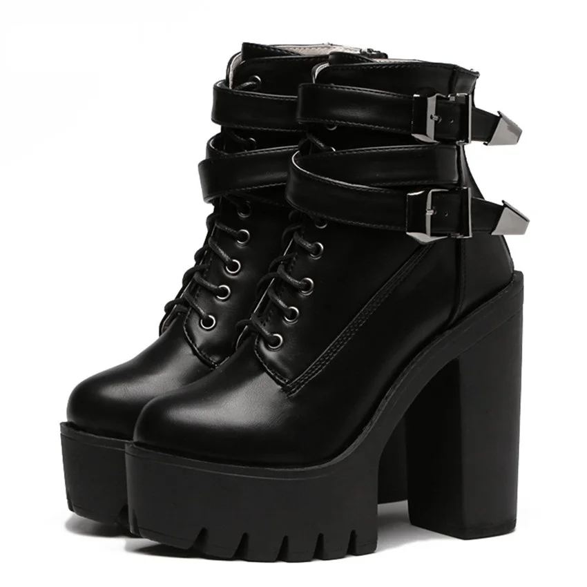 

Spring Autumn Fashion Women Boots High Heels Platform Buckle Lace Up Leather Short Booties Black Ladies Shoes Promotion