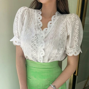 

COIGARSAM Sexy Short blouse women Lace Puff Sleeve Hollow Out V-Neck blusas womens tops and blouses White 6018