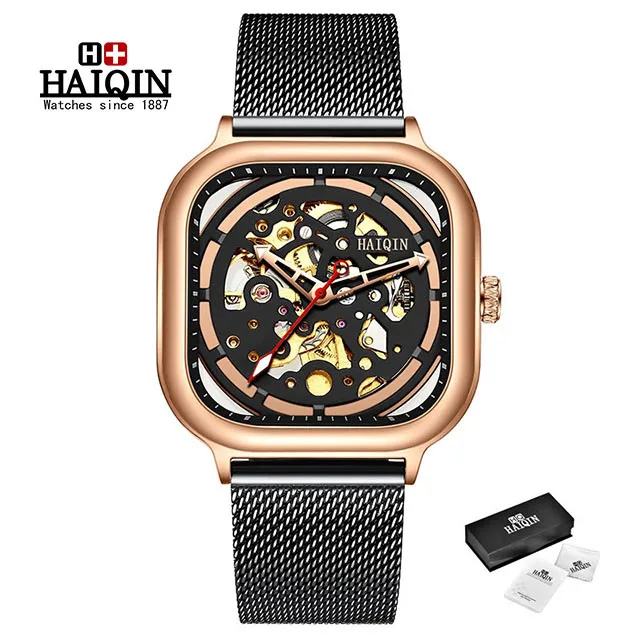 gold black 2019New HAIQIN синий сетчатый ремень модные мужские механические часы лучший бренд класса люкс водонепроницаемые автоматические наручные часы Relogio Masculino - Цвет: gold black