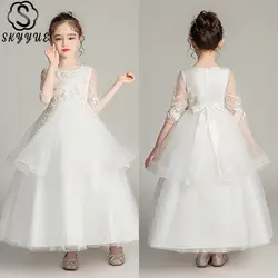 Skyyue/кружевное платье с круглым вырезом и цветочным узором для девочек на свадьбу, вечернее платье на бретелях с цветочным рисунком для
