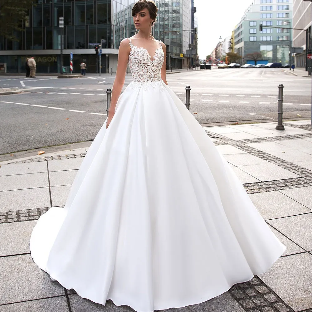 

New Arrival Scoop Sleeveless Floor Length Button Satin Ball Gown Wedding Dresses Bridal Gown Vestido De Noiva