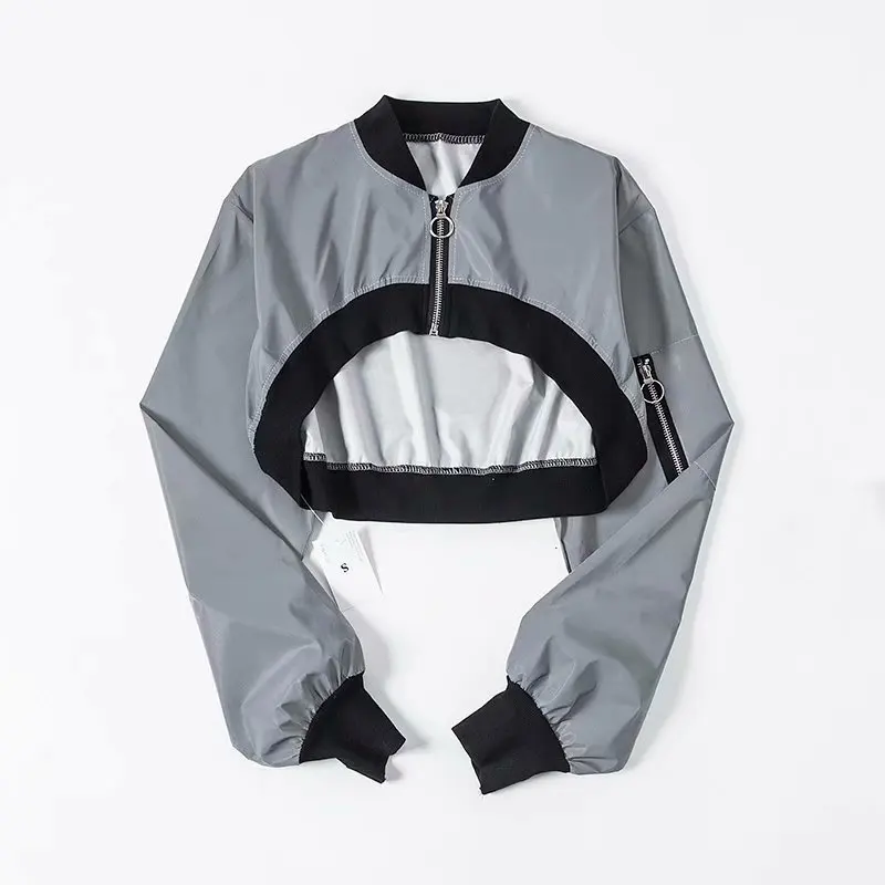 

-Hip Hop Short Zipper Jacket Reflective Vest Women's Loose-Fit Slimming Tops Outer Blouse Hip Hop Versatile Coat