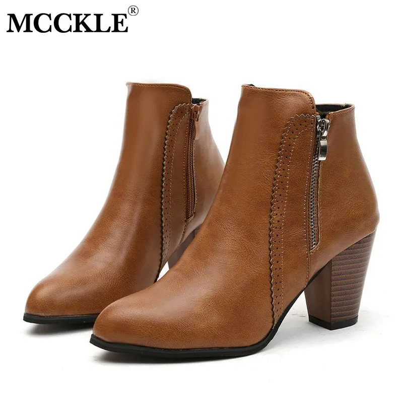 

MCCKLE Autumn Shoes Woman Ankle Boots Ladies Zip Square High Heels Female Fashion Sewing Casual Short Boots Vintage Footwear