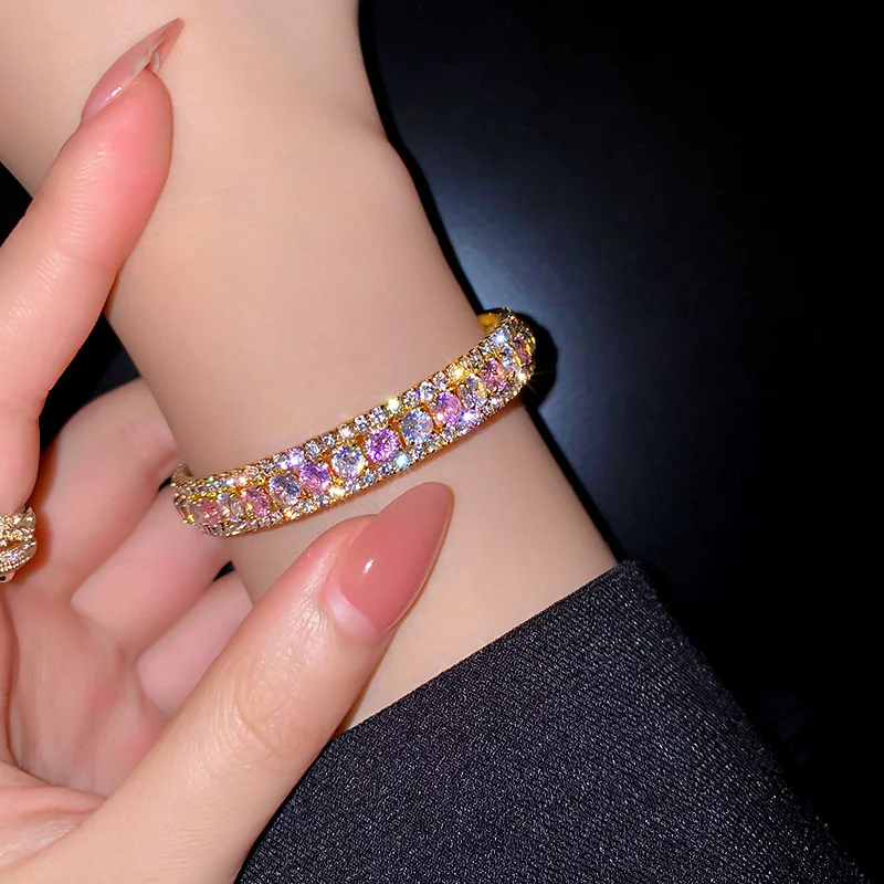Geometric Zircon Bracelet & Bangles For Women Pink Green Crystal Cuff Bracelets Weddings Party Jewelry
