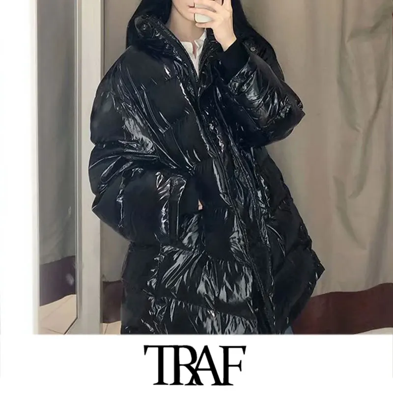 TRAF, женские винтажные стильные толстые теплые парки свободного покроя, пальто, женская мода, высокий воротник, длинный рукав, женская верхняя одежда, шикарные топы