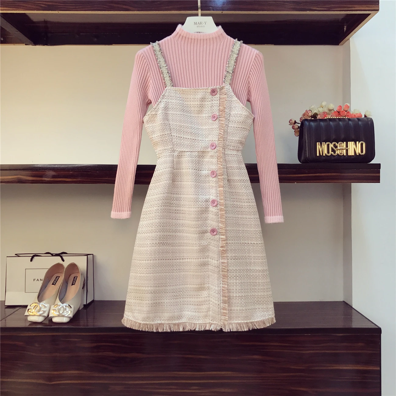 2piece Set Women New Autumn Pink Knitting Shirt+ Woolen Dress Girls Ladies Strap Dress Set Small Fragrance Vestidos Mujer