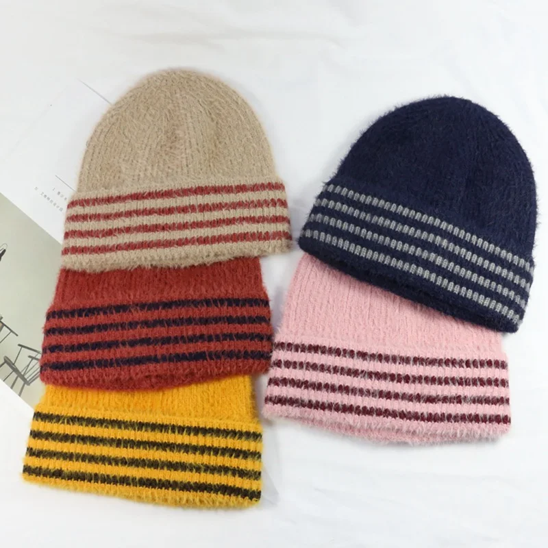 Теплые зимние шапки женские вязаные шерстяные Твист Skullies Beanie шапки модные Skullies полосы Ретро Вязаные ворс Ретро шапка W