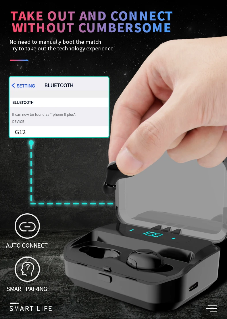 TWS Bluetooth 5,0, беспроводные наушники, светодиодный дисплей, гарнитура, стерео, спортивные, свободные руки, наушники, HiFi Звук, игровые, водонепроницаемые, наушники G12