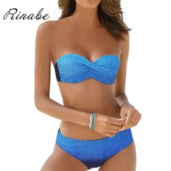 

Rinabe New Push Up Bikini Print Swimsuit Bandeau Bikini Set Patchwork Swimwear Female Swimwear Btahing Suit Women Beachwear